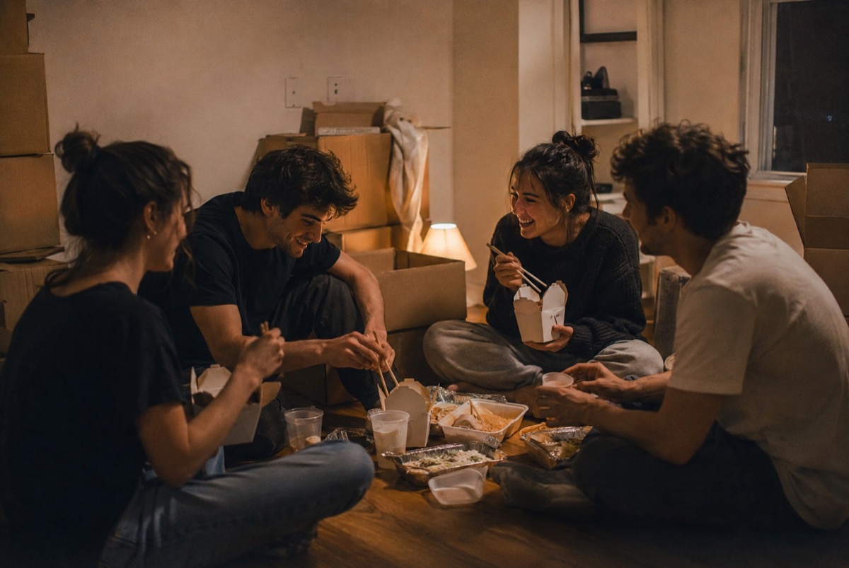 Friends sharing dinner after moving into a new home