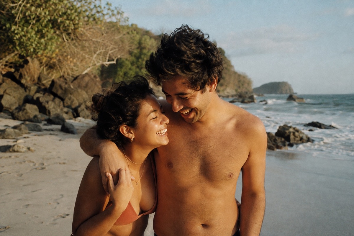 A couple smiling together at the beach